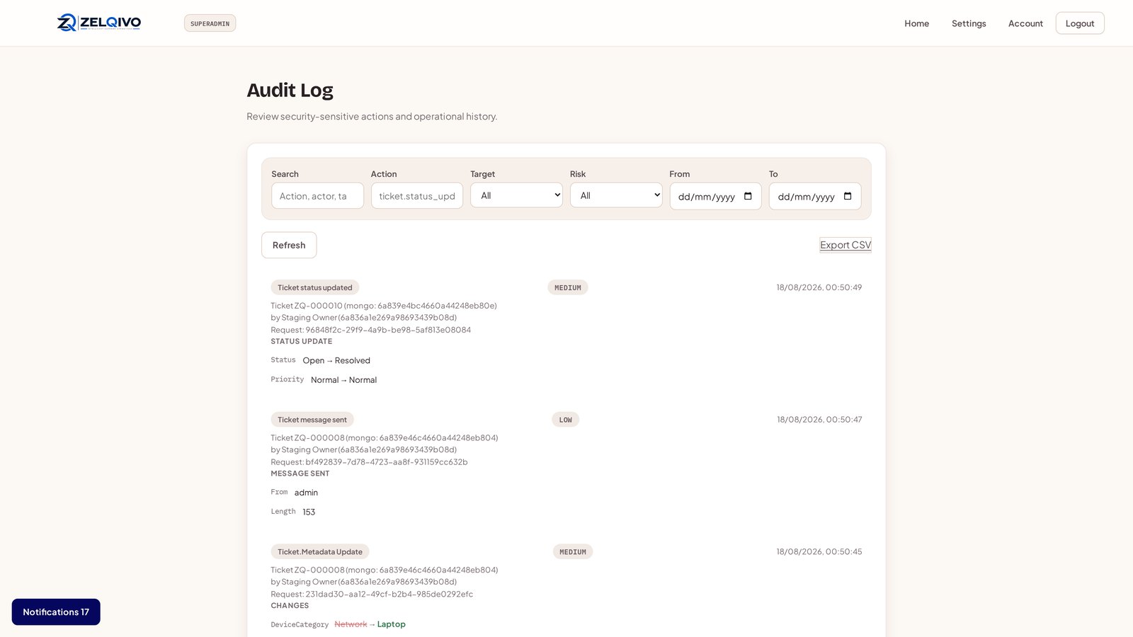 ZELQIVO-STS audit log screen with searchable operational history