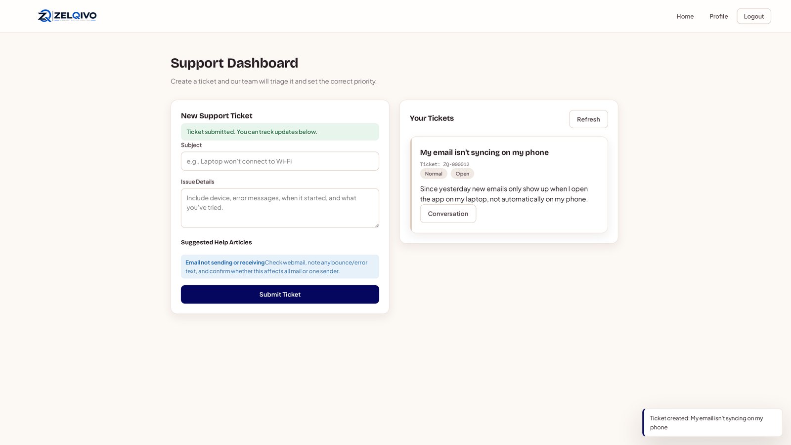 ZELQIVO-STS customer dashboard showing ticket creation and existing ticket list